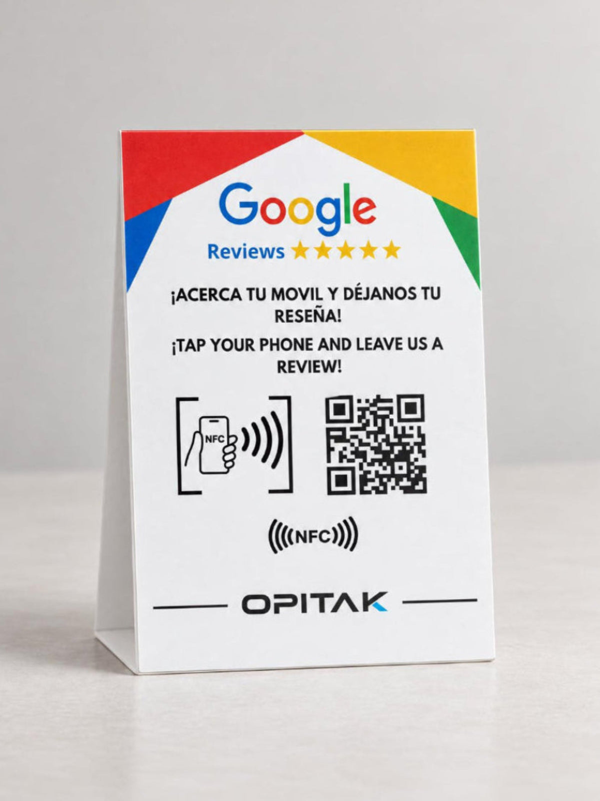 Display OPITAK blanco con NFC y QR para reseñas de Google