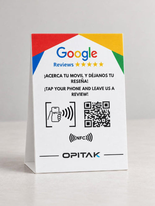 Display OPITAK blanco con NFC y QR para reseñas de Google