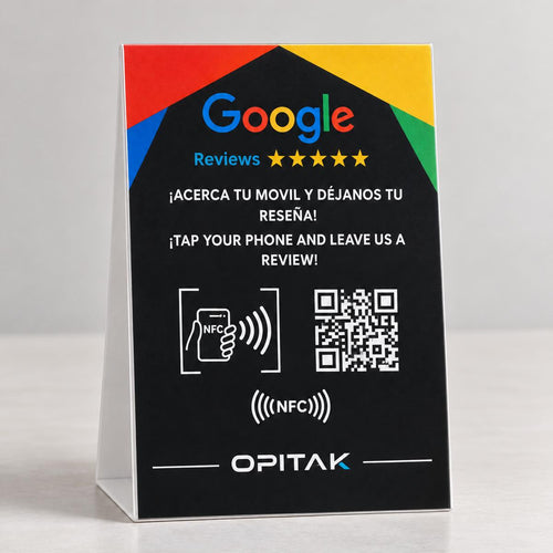 Display OPITAK negro con NFC y QR para reseñas de Google